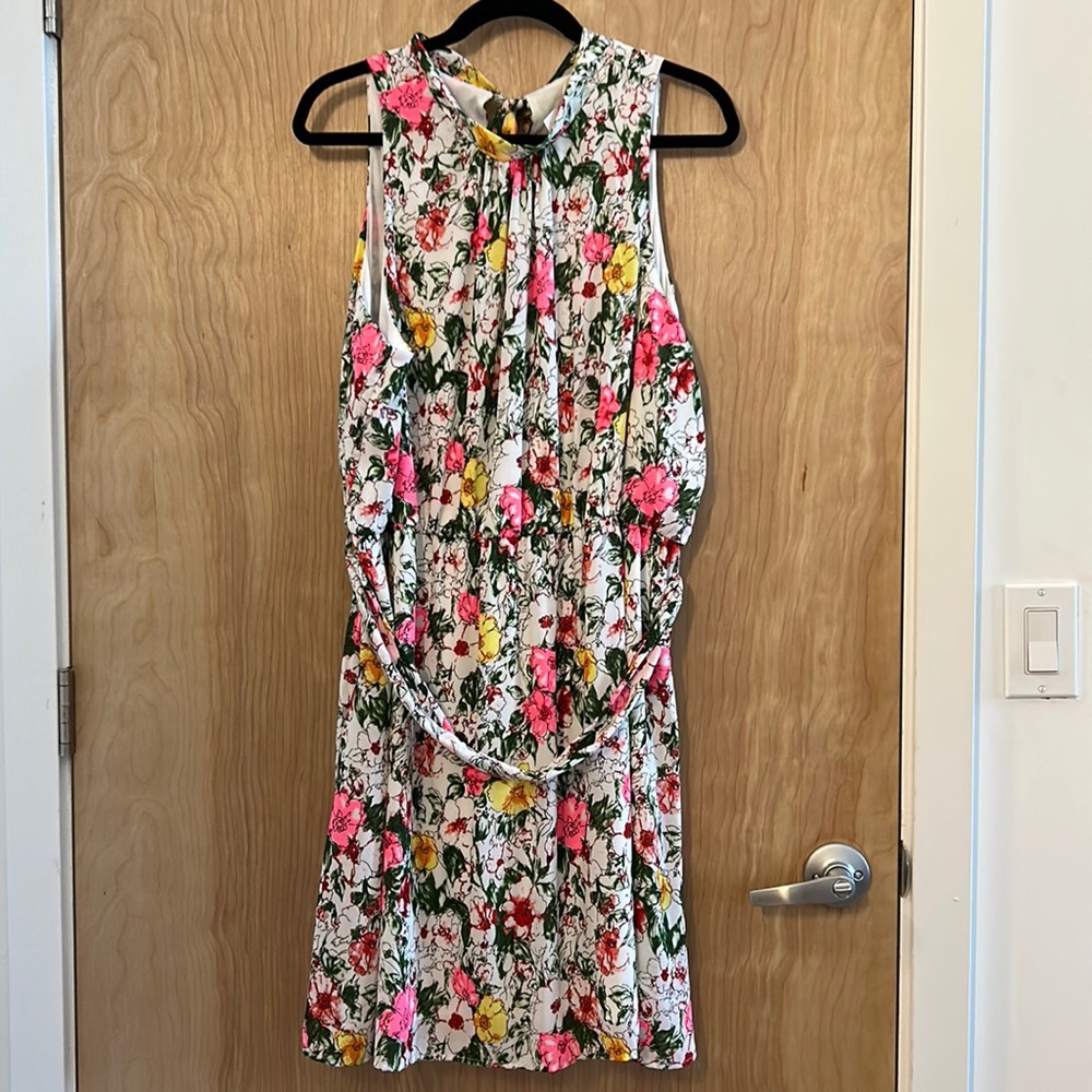 Floral mock neck dress with tie